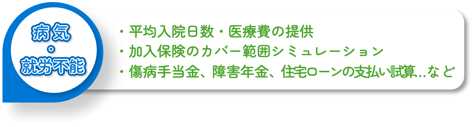 ・平均入院日数・医療費の提供・加入保険のカバー範囲シミュレーション・傷病手当金、障害年金、住宅ローンの支払い試算…など