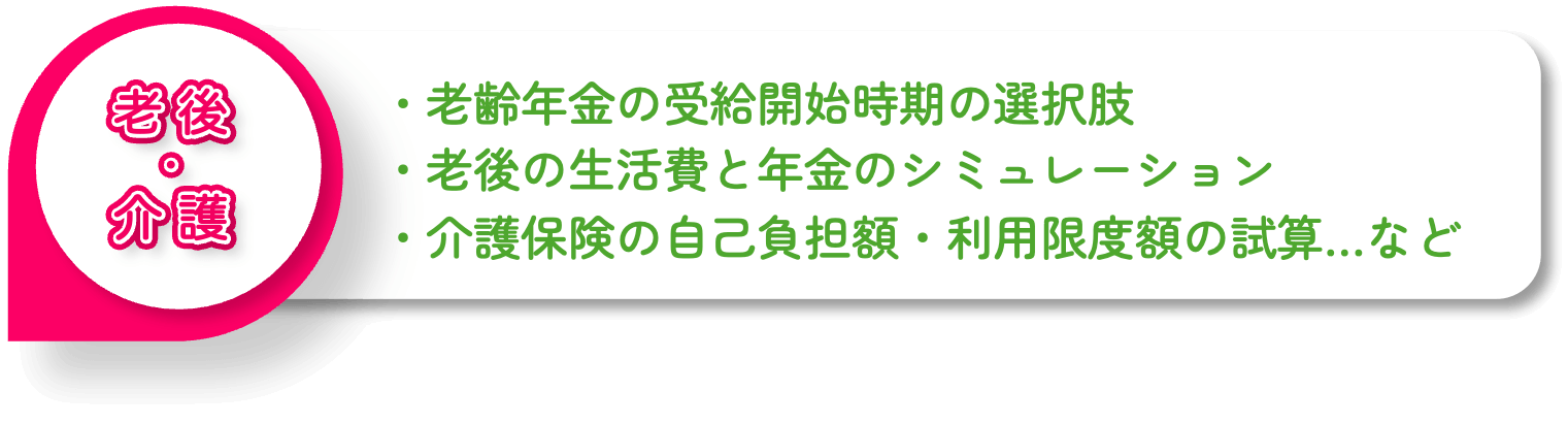 ・老齢年金の受給開始時期の選択肢・老後の生活費と年金のシミュレーション・介護保険の自己負担額・利用限度額の試算…など